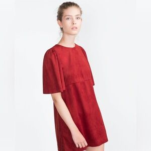 Zara Trafaluc Red Vegan Suede Leather Boxy Mini Babydoll Dress